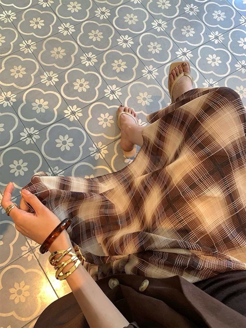 Plaid Handkerchief Hem Midi Skirt in Brown and Cream - Picture 6 of 8